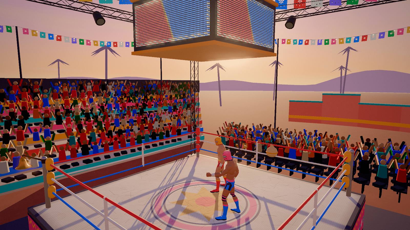 An open-air lucha libre ring at sunset: two masked fighters in the red and blue corners, a brass bell on the corner post, paper flags overhead.